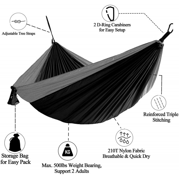 Large Camping Hammock with Straps and Steel Carabiners Nylon