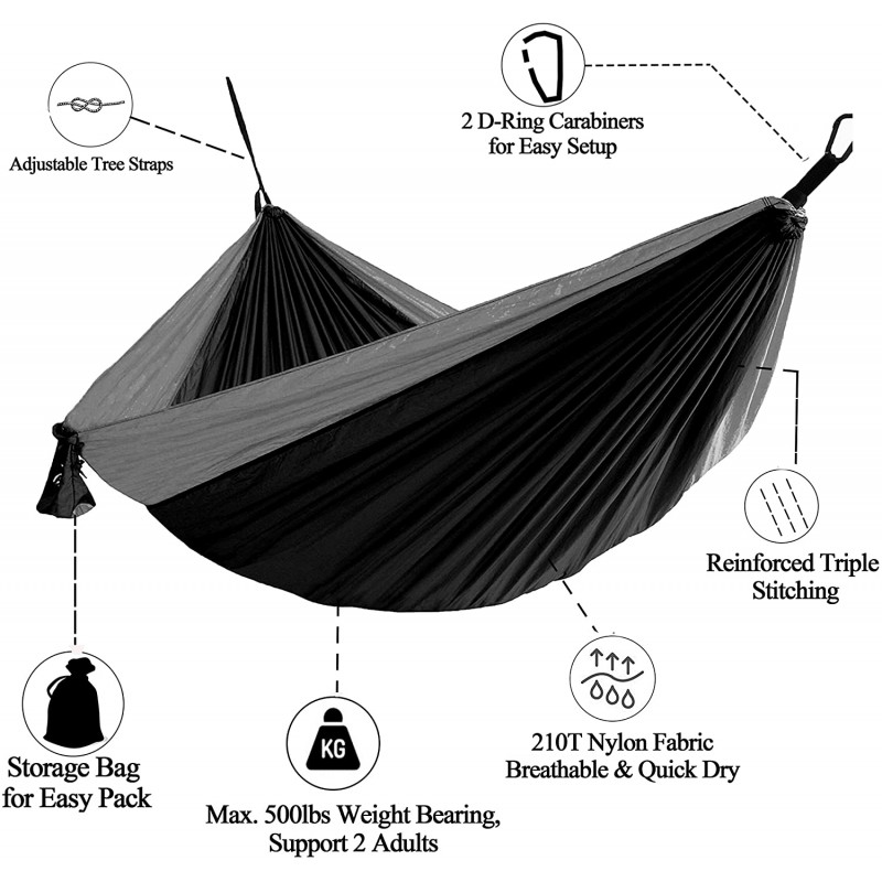 Large Camping Hammock with Straps and Steel Carabiners Nylon