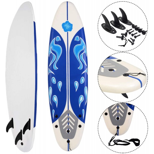 White & Blue Foamie Surfboard with Removable Fins, Great Beginner Board for Kids and Adults