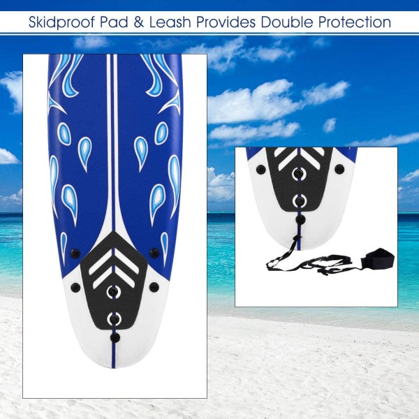 White & Blue Foamie Surfboard with Removable Fins, Great Beginner Board for Kids and Adults