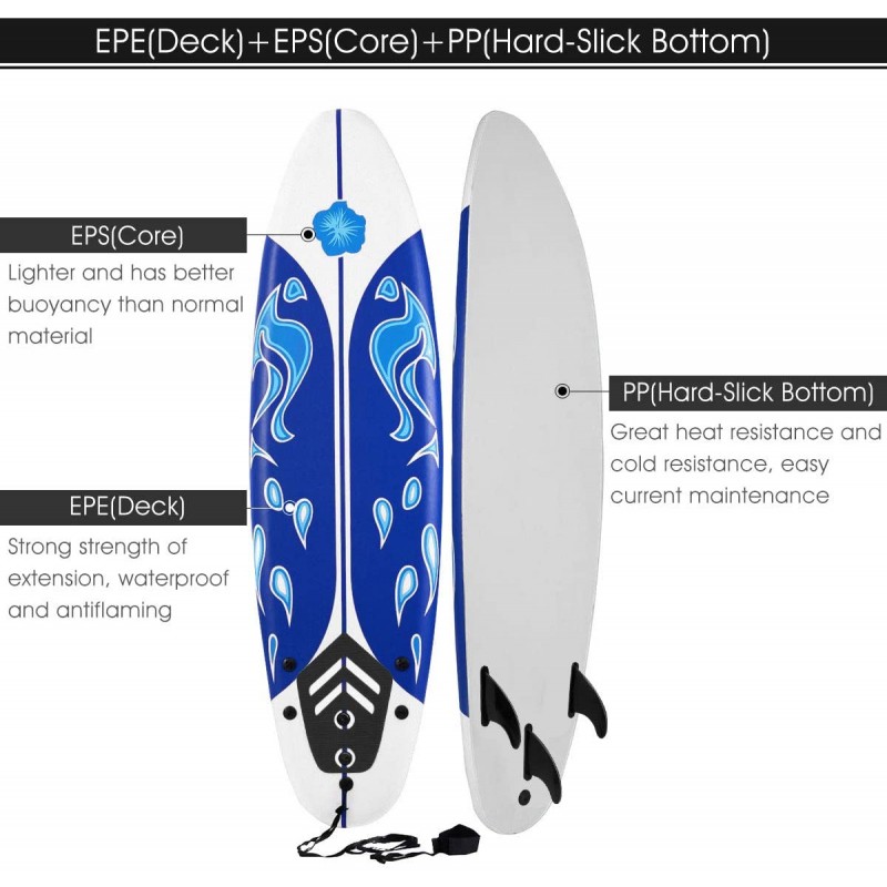 White & Blue Foamie Surfboard with Removable Fins, Great Beginner Board for Kids and Adults