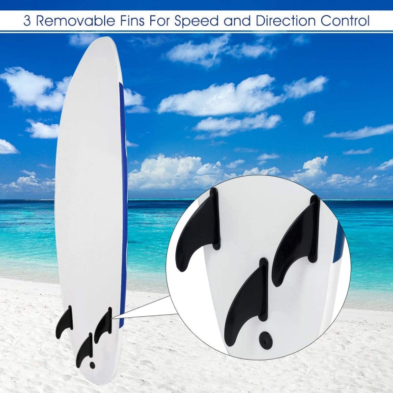 White & Blue Foamie Surfboard with Removable Fins, Great Beginner Board for Kids and Adults