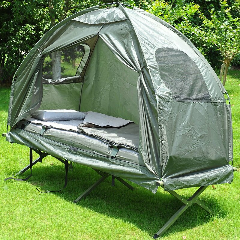 Deluxe Compact Folding Dome Shelter Tent with Sleeping Bag Air Mattress Pillow