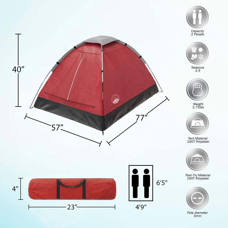 2-Person Dome Tent with Rain Fly and Carry Bag(Red) 